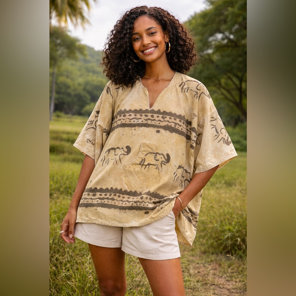 Vintage Safari Kaftan Tunic Top Adult One Size Elephant Batik Print 1970s Boho